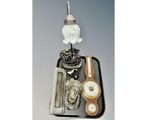 A contemporary figural table lamp together with a cast metal door knocker, letter box and barometer 