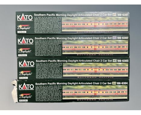 Four Kato N scale Southern Pacific Morning Daylight Articulated Chair 2 car sets, numbers 1 - 4 (4) 