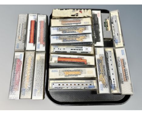 Kato N scale die cast locomotives and rolling stock, as illustrated. (20) 