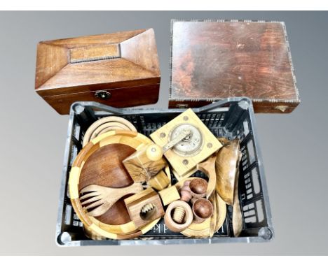 A tray of wooden items, coffee bean grinder, sarcophagus shaped box, cutlery box etc 