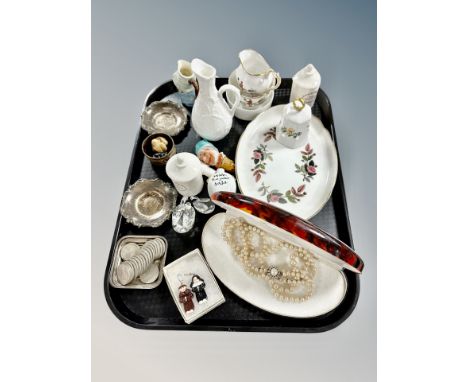A group of ceramics including Copeland Spode tobacco jars, Wedgwood Hathaway Rose dish, simulated pearl necklace, coins, two 