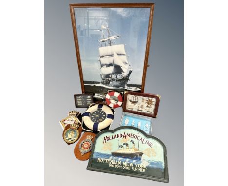A group of nautical items, three knot montages, wall clock, mirror, painted metal and wooden plaques 