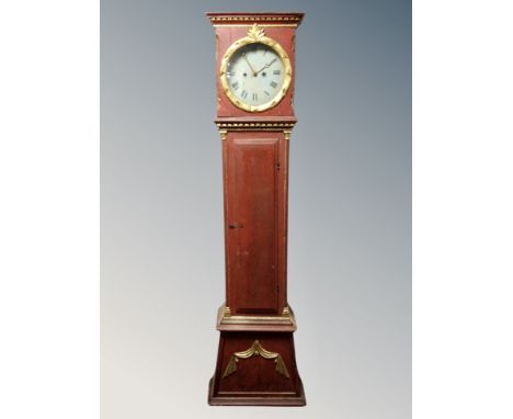 A continental painted and gilded longcase clock with pendulum and weights  CONDITION REPORT: Case is wormed 