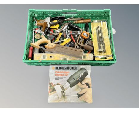 A box of hand tools, Black an Decker heat gun etc 
