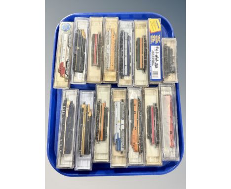 A group of Lifelike N scale die cast locomotives and rolling stock (15)