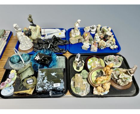Four trays of collectables, figurines, cottage ornaments, contemporary jewellery box, compass etc 