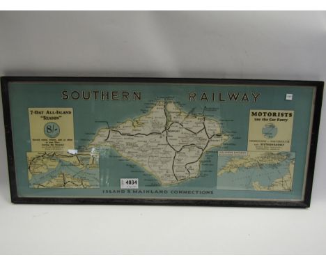 Framed railway carriage print with map of Southern Railway Isle Of White System, 64.5 x 27cm 