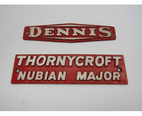 An aluminium Thornycroft Nubian Major Fire Engine plaque and similar Dennis plaque, 29 x 8cm and 26.5 x 6.5cm respectivly 