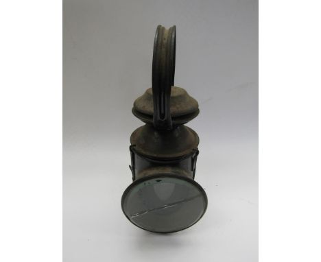 An LNER three aspect handlamp with resevoir and ceramic burner, glass a/f 