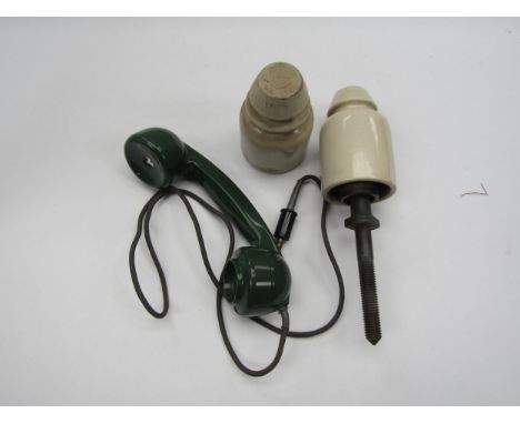 Two LNER ceramic insulators, one still on retaining pole and a lineside plug in telephone handset (3) 