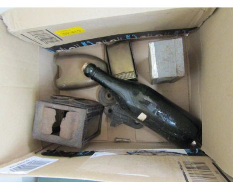 A box containing mixed railway ephemera including LMS bottle, cigarette and ash trays, lamp case etc 