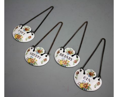 A set of four 19th century enamel on copper decanter labels, Gin, Brandy, Port and Sherry (4) (at fault)