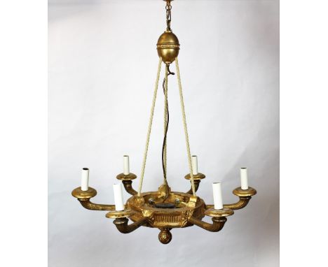 A George III style carved gilt wood and gesso six branch ceiling light / chandelier, with gilt metal rosette and turned ovoid