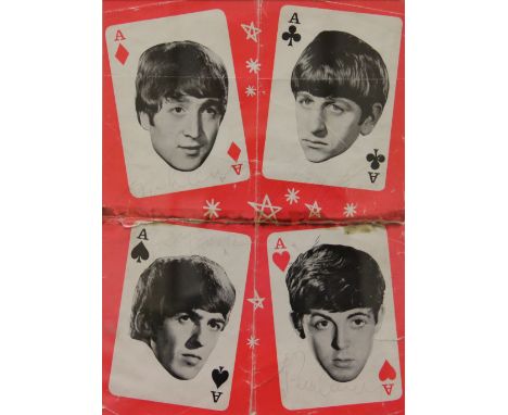 A signed Beatles Four Aces cover, c1964, signed by Paul, John, George and Ringo on their corresponding playing card, in later