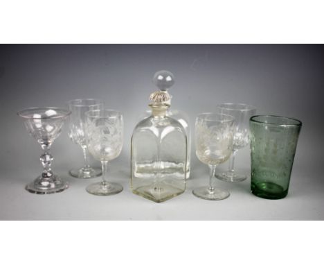 A selection of early 19th century and later glassware comprising; a pair of Victorian wine glasses, circa 1860, etched with f