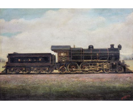 Thomas Rudd, Oil on board, Study of a train engine and tender No 1521, made for the Buenos Aires Pacific Line, Argentina c189
