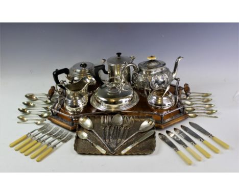 A selection of silver plated wares including a George V presentation oak serving tray, with twin handles and plated gallery i