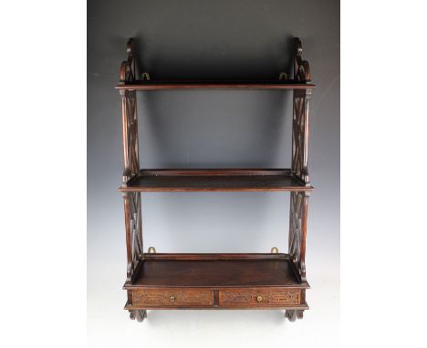 A mahogany three tier wall shelf, of Chippendale design, with two drawers and trellis side panels, 90cm H x 52cm W   CONDITIO