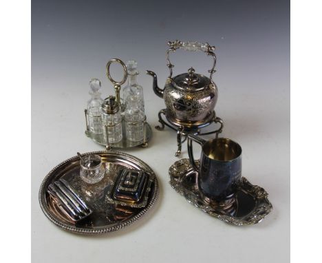 A selection of 19th century and later silver plated wares, to include a three piece tea service, a small butter dish and cove