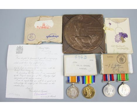 A World War I and II family medal group, comprising BWM, VM and death plaque to 23712 Pte E. Gittens Kings Shropshire Light I