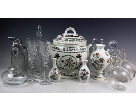 A selection glassware and ceramics including a cased set of six Royal Doulton cut crystal flutes, 23cm high, a cut glass deca