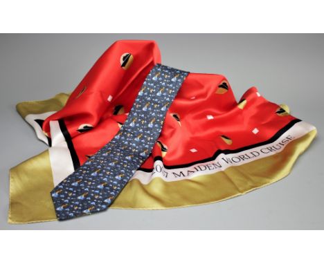 A Cunard Queen Mary 2007 Maiden World Cruise silk scarf, decorated with roundels of the bow of the ship, 80cm x 80cm, with a 