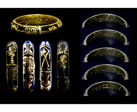 A Post Medieval gold and enamelled momento mori, mourning 'Skeleton' ring dated 1727, the D-section hoop with design to the o