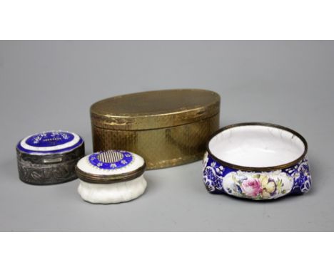 A selection of enamelled wares, to include; two enamelled patch pots, both with hinged and mirrored interiors, with stylised 
