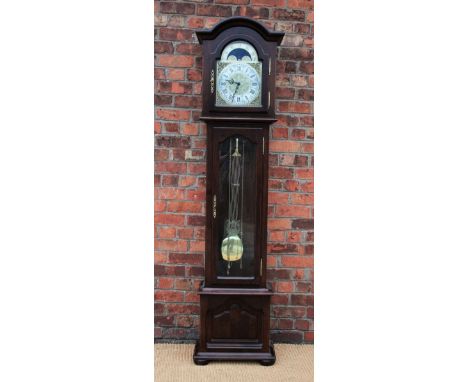 An modern Interclock longcase clock, with Roman numeral dial and celestial moon phase and movement striking on eight straight