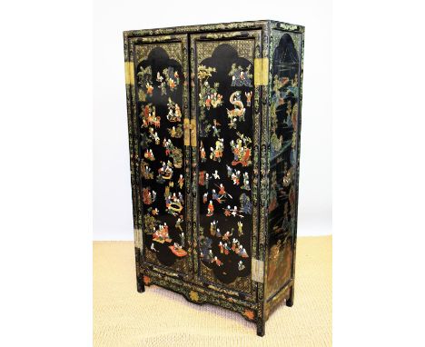 A Chinese lacquered two door marriage type cabinet, with two doors, decorated throughout with children playing,  160cm H x 90