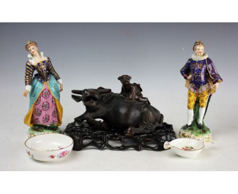 A pair of late 19th century Samson porcelain figures, of a young gentleman and lady, with bright polychrome enamels and gilt 