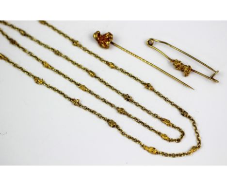 A selection of gold, to include; a gold nugget set chain, designed as 24 nuggets each joined by a chain link, with integral c