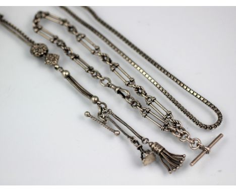 A decorative white metal albertina chain, set with embossed beads, along with a further decorative Albert chain formed as loz