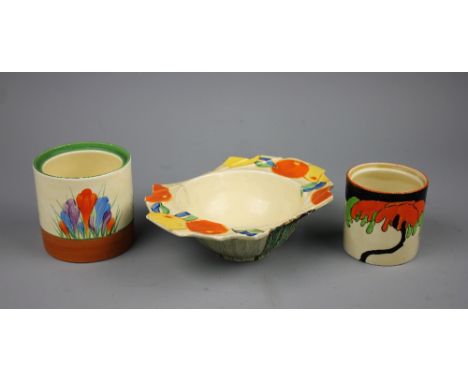 A Clarice Cliff Bizarre Delecia Grapefruit bowl, 17.5cm wide, a Clarice Cliff Bizarre landscape cylindrical container, 6.5cm 