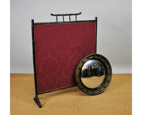 A modern oak drop leaf coffee table, 40cm x 104cm, with a bamboo fire screen, a Regency style convex wall mirror and a smalle