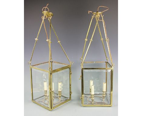 A pair of gilt brass square section hall lanterns, three light with cut glass panes, 70cm (2)   CONDITION REPORT:  Size of th