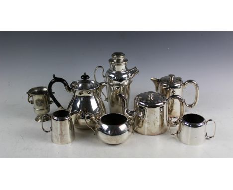 A collection of silver plated wares, to include; a Kingsway Plate cocktail shaker, a four piece EPNS tea service, further tea