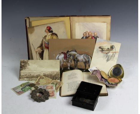 A Victorian album containing assorted watercolours, portraits and other circa 1840 views along with 'The Anglers Song Book', 