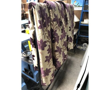THREE PAIRS OF GOOD QUALITY PURPLE FLORAL CURTAINS AND TIES 