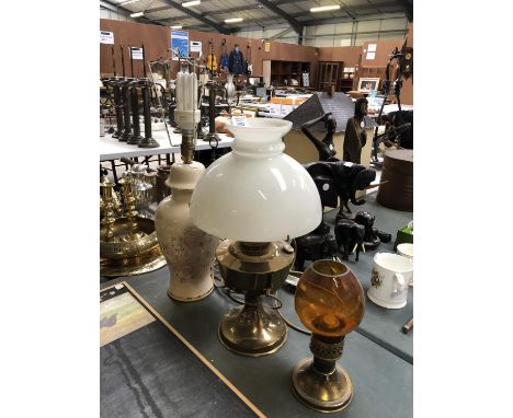 THREE LAMPS TO INCLUDE A BRASS OIL LAMP 