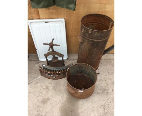 A VINTAGE PRESS, HONEY SIEVE AND STORAGE TANK, TWO FIRE FRONTS AND AN ENAMEL SINK COVER/DRAINER UNIT 