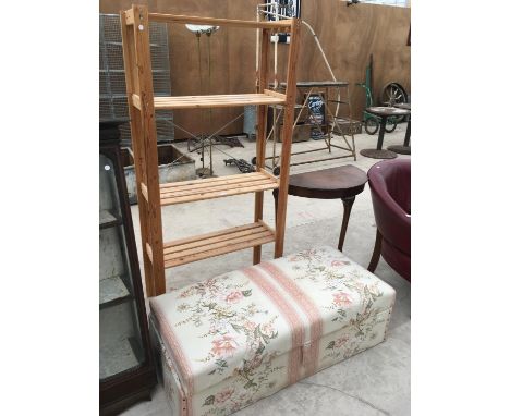 THREE ITEM - AN OTTOMAN, A PINE SHELF AND AN OAK DEMI LUNE HALL TABLE 