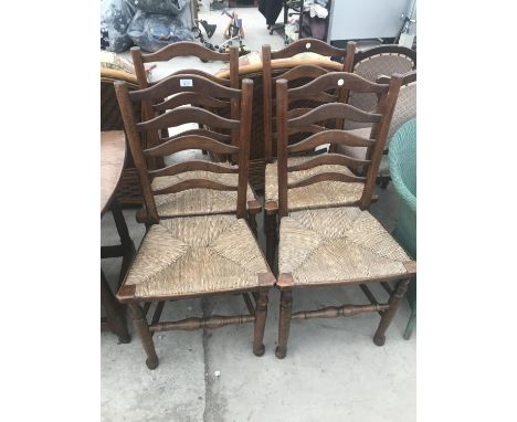 FOUR LADDER BACK OAK DINING CHAIRS WITH RUSH SEATS 