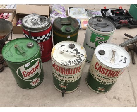 SIX VINTAGE OIL DRUMS TO INCLUDE THREE CASTROL, ONE BP ENQERGOL, ROCK OIL AND FREEDOM 