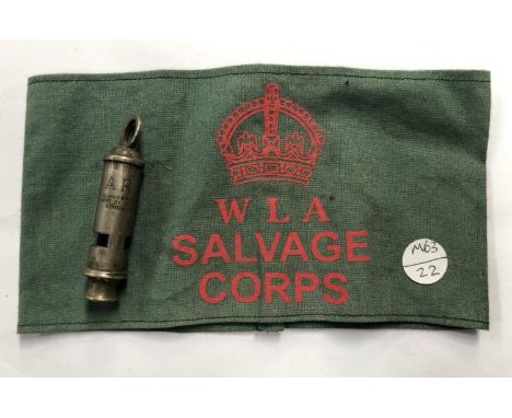 A VINTAGE A.R.P W.W.II WHISTLE AND LAND ARMY ARM BAND (2) 
