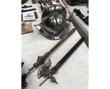A REPRODUCTION CONQUISTADORS HELMET, MACE AND AXE (3) 