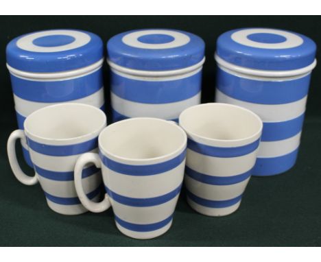 A set of three T G Green Cornish ware storage jars, 14.5cm high and three similar mugs&nbsp; (6)