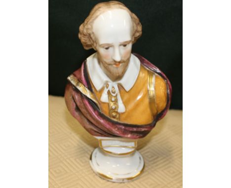 A Samson of Paris porcelain bust of William Shakespeare, painted and gilt, gold anchor mark, after Chelsea, 14.5cm high condi
