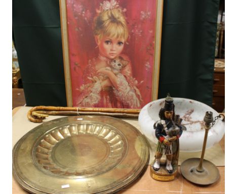 An indian hammered brass large dish, three walking sticks, a Garnier Scotch whisky decanter, a glass ceiling shade