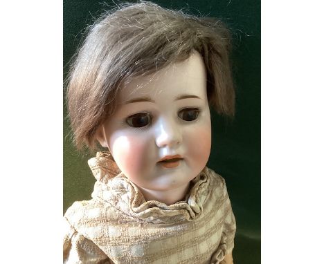 Antique German doll Max Handwerck Baby Elite 23” character  on original body with striped dress bonnet and attire-Great Handw